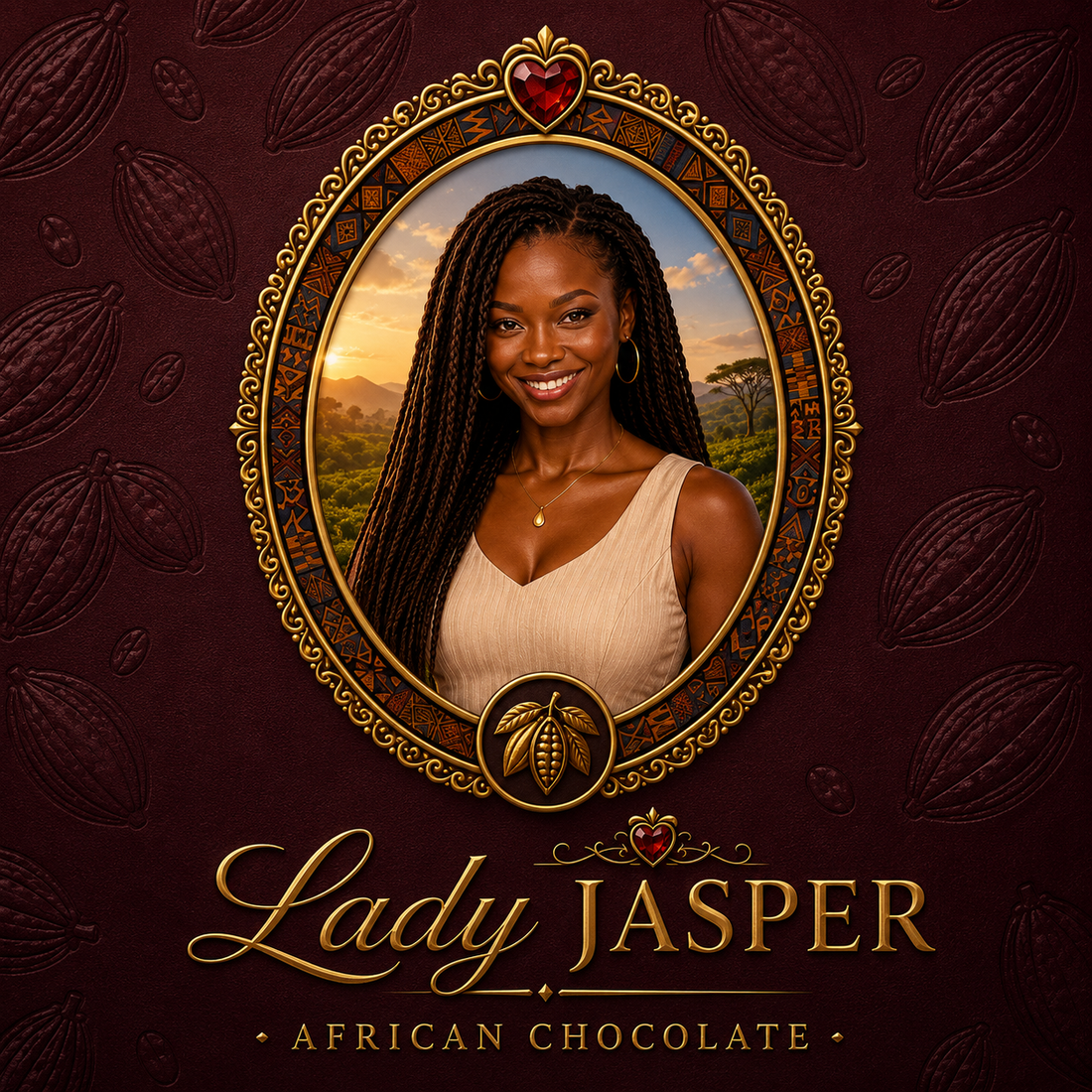 The Lady Jasper logo — a portrait of a Black woman in a gold oval frame with a ruby heart, on a deep burgundy background embossed with cocoa pods