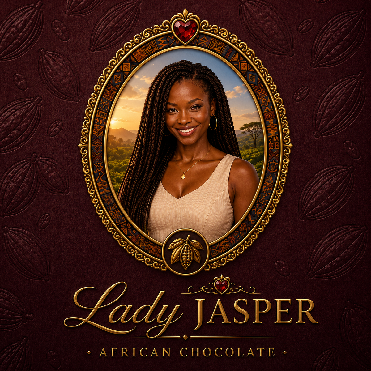 The Lady Jasper logo — a portrait of a Black woman in a gold oval frame with a ruby heart, on a deep burgundy background embossed with cocoa pods