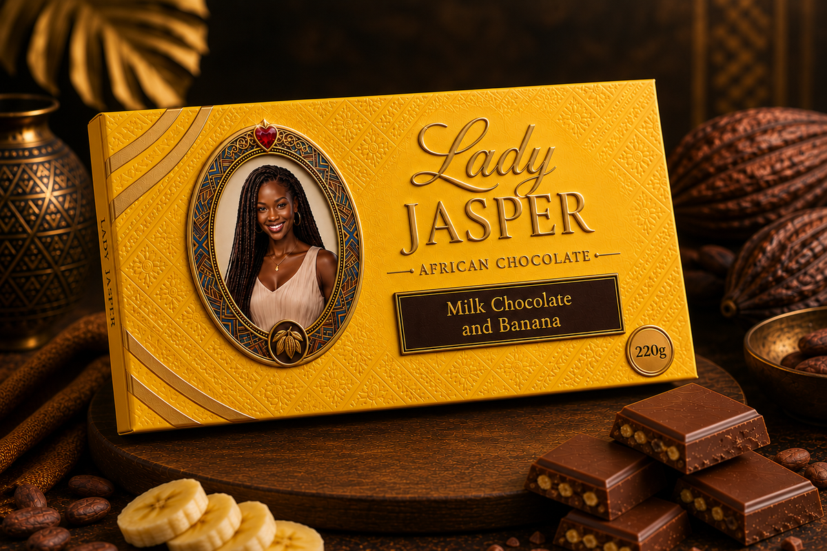 Lady Jasper Milk Chocolate and Banana packaging with 220g badge