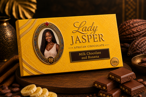 Lady Jasper Milk Chocolate and Banana packaging with 220g badge